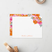 Roze Sinaasappel Waterverf Bloemen Custom Name Blo Notitiekaartje (Voorkant / Achterkant in situ)