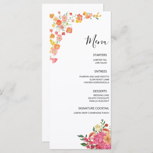 Roze & Sinaasappel Zomer Bloemen Huwelijk Menu (Voorkant / Achterkant)