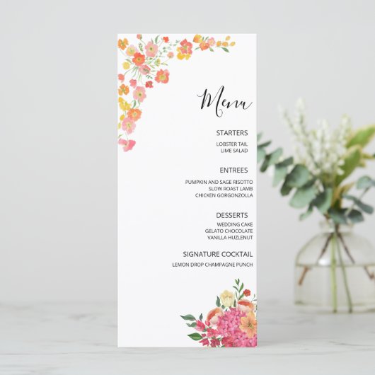 Roze & Sinaasappel Zomer Bloemen Huwelijk Menu (Staand voorkant)