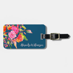 Roze Sinaasappels Waterverf Bloemen Custom Blue ID Bagagelabel