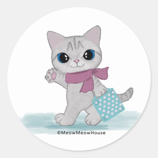 Roze sjaal kat ronde sticker (Voorkant)