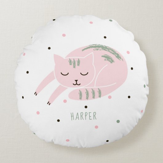 Roze slaapkat op maat rond kussen (Voorkant)