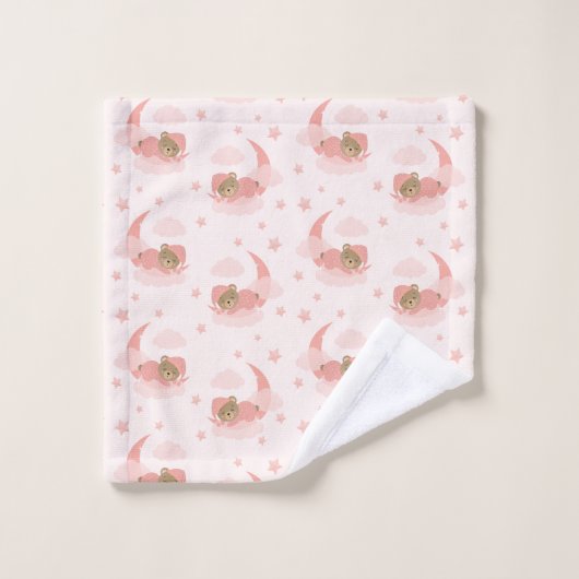 Roze Slapen Baby Beer op Moon Clouds & Stars Washandje (Wasdoekje)