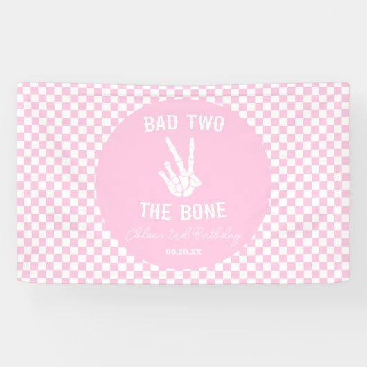 Roze Slechte Twee Het Bone Skelet 2e Verjaardagsfe Spandoek (Horizontaal)