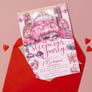 Roze Sleepover Meisje Verjaardag Glitter Kaart
