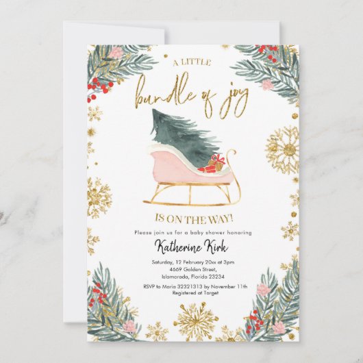 Roze Sleigh Baby shower Kleine bundel van vreugde Kaart (Voorkant)