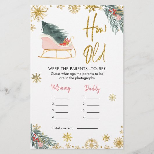 Roze Sleigh Kerst Baby shower Hoe oud Ouders (Voorkant)