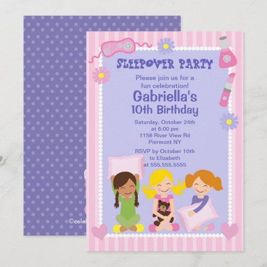 Roze Slumber Party Fun Birthday Uitnodiging (Voorkant / Achterkant)