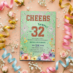 Roze Smaragd Glitter Bloem 32e Verjaardagsfeestje Kaart