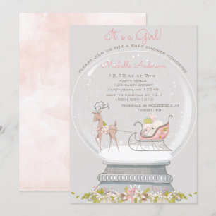 Roze sneeuw Wereldbol Beer Deer Girl Baby shower Kaart