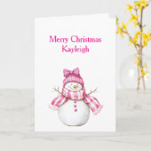 Roze Sneeuwman Meisje Kerstmis Kaart (Gele Bloem)