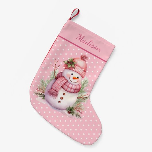 Roze Sneeuwman Polka Dot Custom Kerstkous Kleine Kerstsok (Voorkant (Hangend))