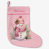 Roze Sneeuwman Polka Dot Custom Kerstkous Kleine Kerstsok (Voorkant)