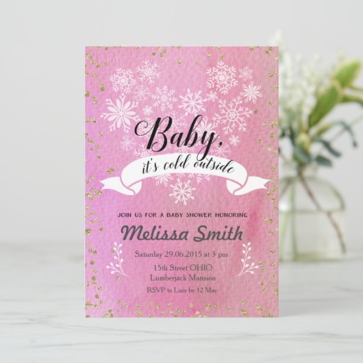 Roze sneeuwvlok Baby Het is koud buiten Uitnodigin Kaart (Staand voorkant)