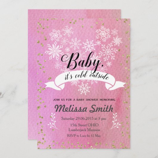 Roze sneeuwvlok Baby Het is koud buiten Uitnodigin Kaart (Voorkant / Achterkant)
