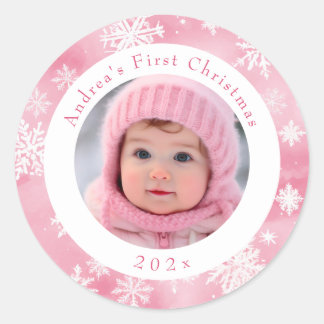 Roze Sneeuwvlok Baby's Eerste Kerstmis Foto Ronde Sticker