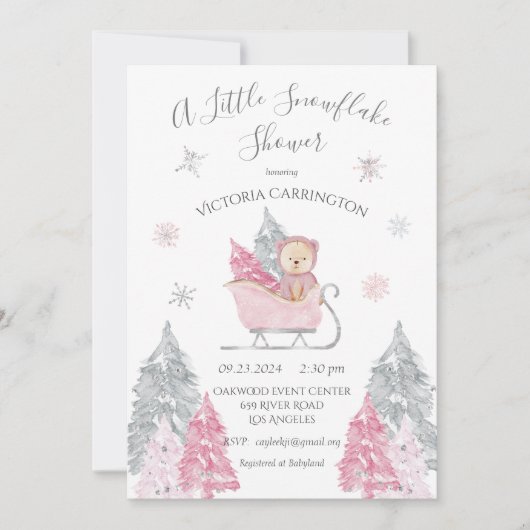 Roze Sneeuwvlok Beer Baby shower Invitation Kaart (Voorkant)
