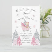 Roze Sneeuwvlok Beer Baby shower Invitation Kaart (Staand voorkant)