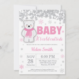 Roze Sneeuwvlok Meisje Baby Shower Ijsbeer Winter Kaart