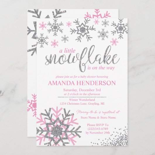 Roze Sneeuwvlokje Baby Shower in de Winter Kaart (Voorkant / Achterkant)