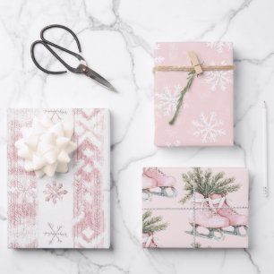 Roze Sneeuwvlokken IJs Schaatsen Kerstmis Inpakpapier Vel
