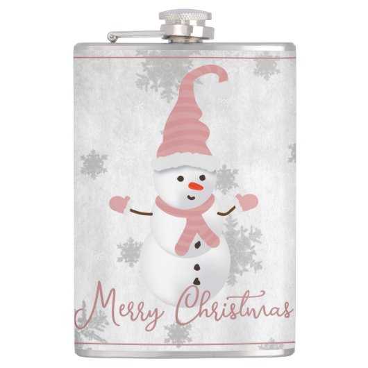 Roze Snoezige Sneeuwman Kerst Fles Heupfles (Voorkant)