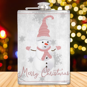 Roze Snoezige Sneeuwman Kerst Fles Heupfles