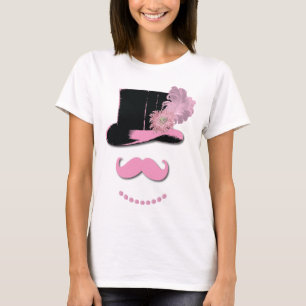 Roze snor, bovenste hoed, veren en bloem t-shirt