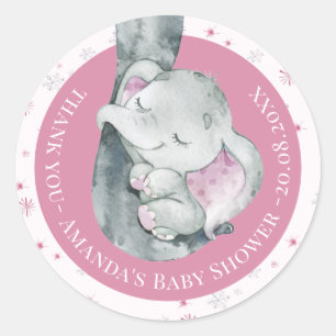 Roze Snowflake Elephant Winter Girl Baby shower Ronde Sticker