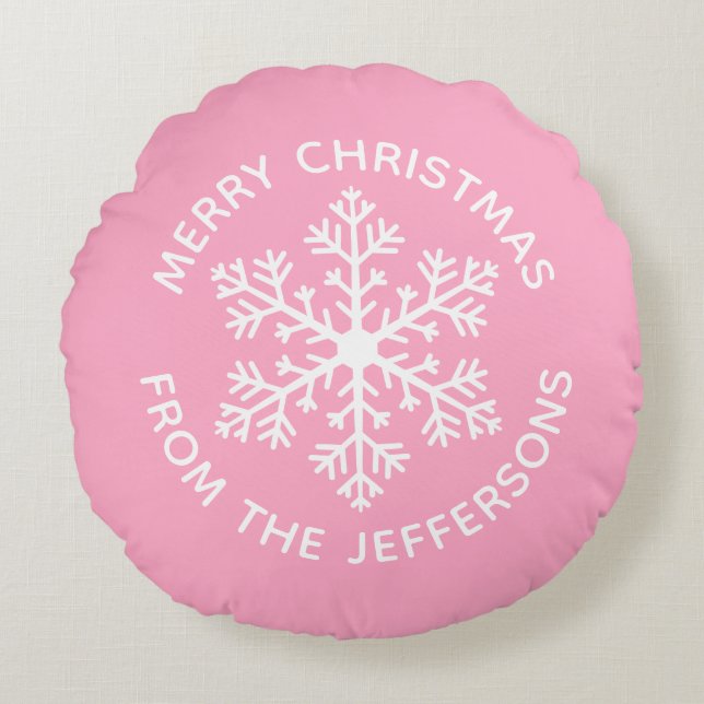 Roze Snowflake-kerstronde Rond Kussen (Voorkant)