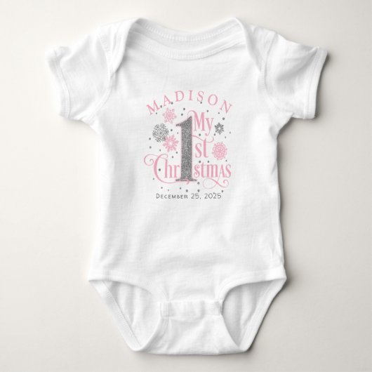 Roze Snowflakes Baby Girl Eerste Kerstmis Romper (Voorkant)
