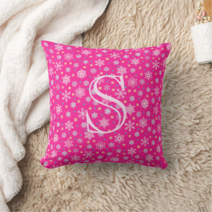 Roze Snowflakes Hot Pink Modern Elegant Monogram Kussen