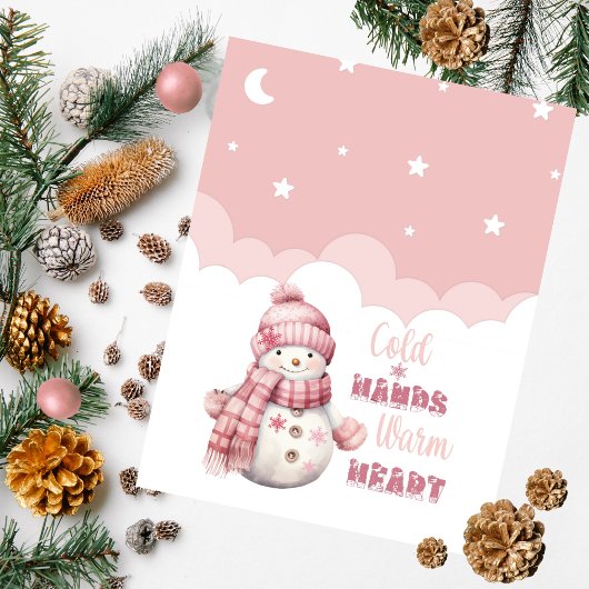 Roze Snowy Warmth 'Koude Handen Warm Hart' Snowman Feestdagenkaart