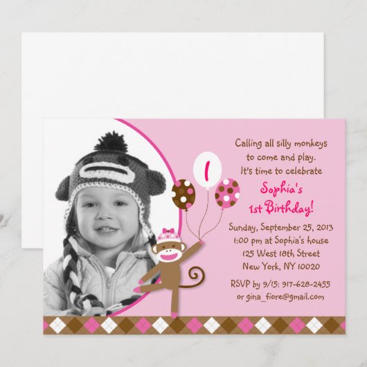Roze sokkeelenmeisje Foto van Birthday-uitnodiging Kaart (Voorkant / Achterkant)