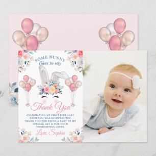Roze Some Bunny Bloemige Ballon 1e Verjaardag Foto Bedankkaart