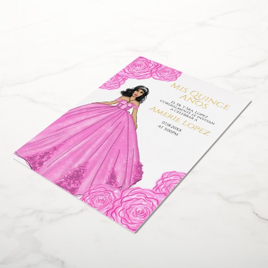 Roze Spaans Quinceanera Folie Uitnodiging (Gedraaid)