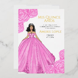 Roze Spaanse Quinceanera Folie Uitnodiging