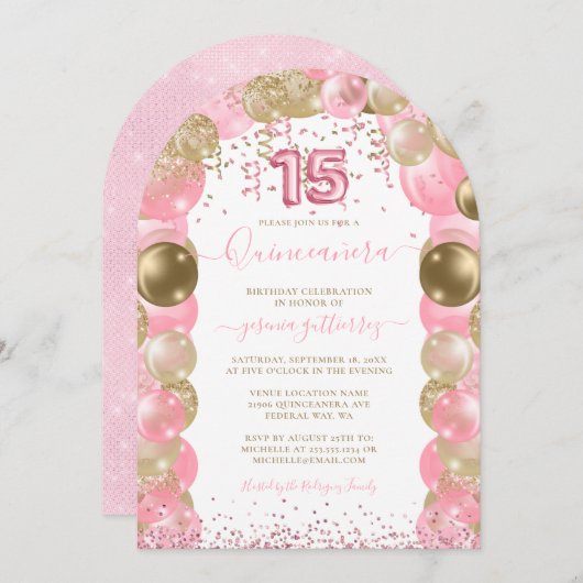 Roze Sparkle Glam Quinceañera Balloon Uitnodiging (Voorkant / Achterkant)