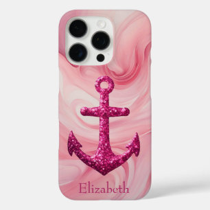 Roze Sparkle Glitter Nautisch Zeilanker Naam iPhone 16 Pro Hoesje