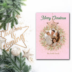 Roze Sparkle Kerst Custom Foto Feestdagenkaart