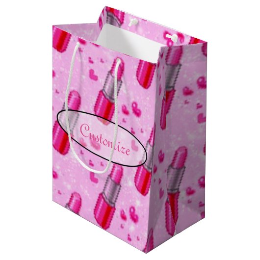 Roze Sparkle Lipstick Lover Gift Bag Medium Cadeauzakje (Voorkant Gekanteld)