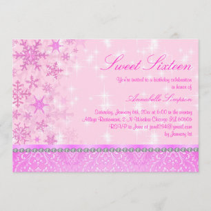 Roze Sparkle Snowflake Sweet16 Invite Kaart