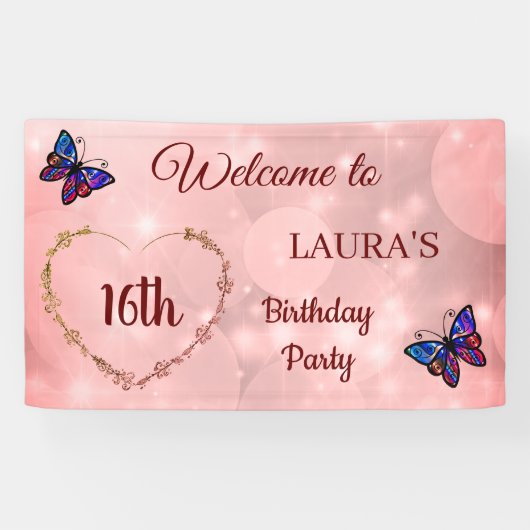 Roze Sparkly Butterfly op maat 16th Birthday Spandoek (Horizontaal)