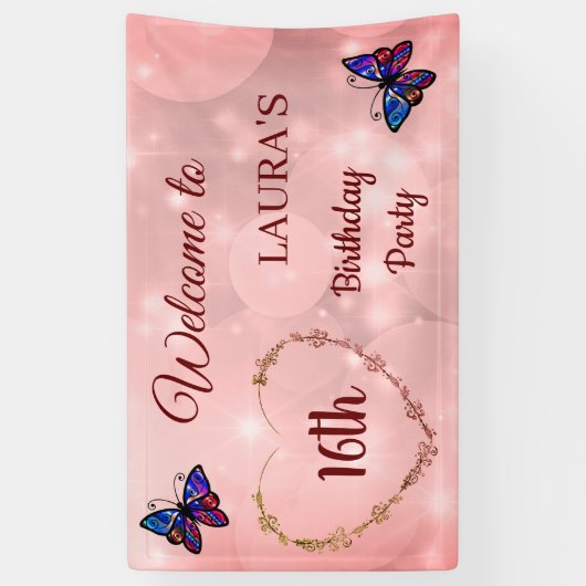 Roze Sparkly Butterfly op maat 16th Birthday Spandoek (Verticaal)