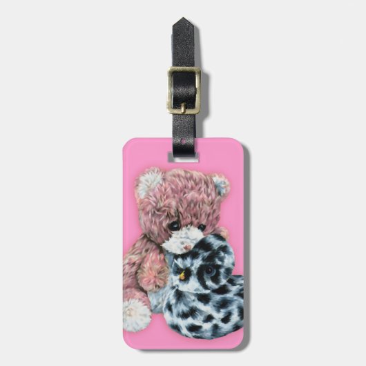 Roze speelgoed teddy en eend kinder genoemd bagage bagagelabel (Voorkant verticaal)