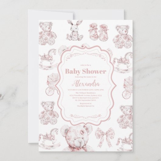 Roze Speelgoed Toile De Jouy Baby shower Kaart (Voorkant)