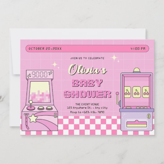 Roze spel arcade baby shower kaart (Voorkant)