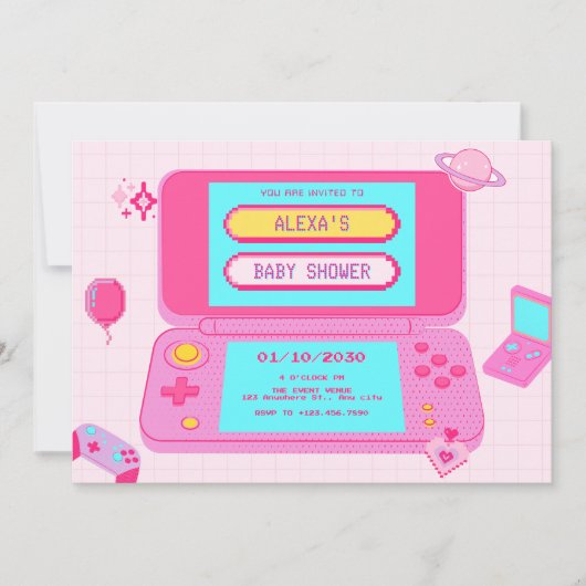 Roze spel retro baby shower kaart (Voorkant)
