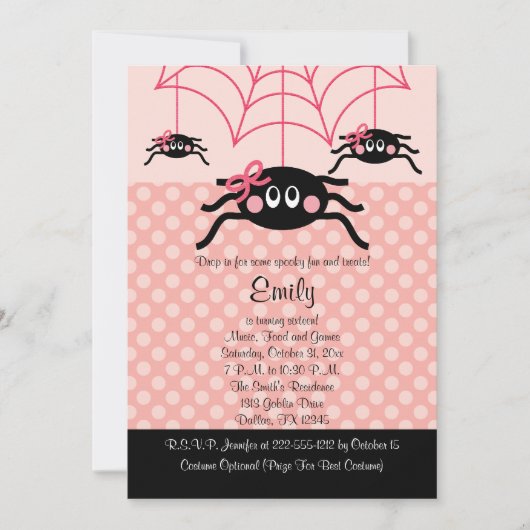 Roze Spider Halloween Birthday-uitnodigingen Kaart (Voorkant)