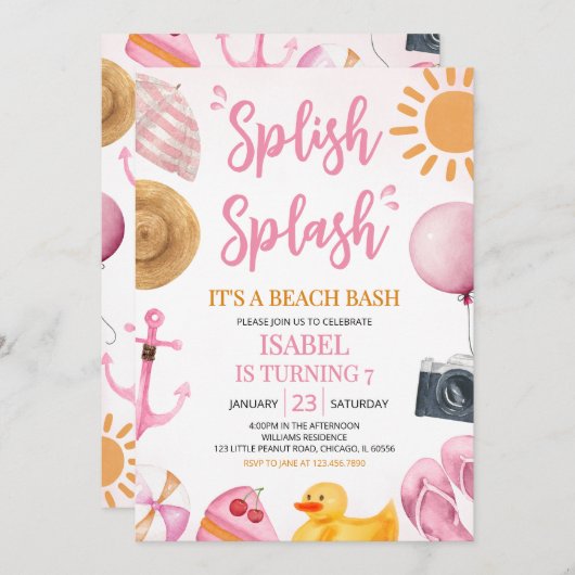 Roze Splish Beach Bash Verjaardag Kaart (Voorkant / Achterkant)